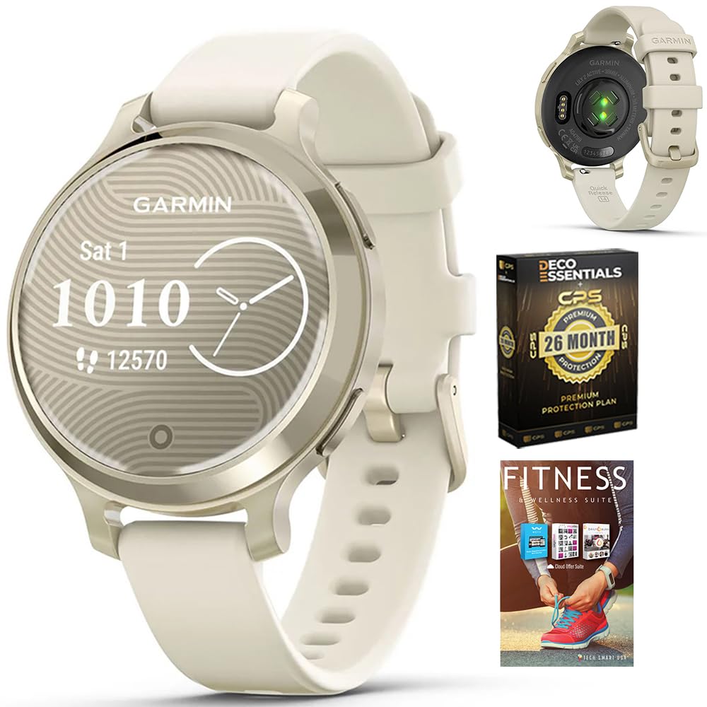 Garmin 010-02891-00 Lily 2 Active Smartwatch Lunar Gold with Bone Silicone Band Bundle with Tech Smart USA Fitness & Wellness Suite and Deco