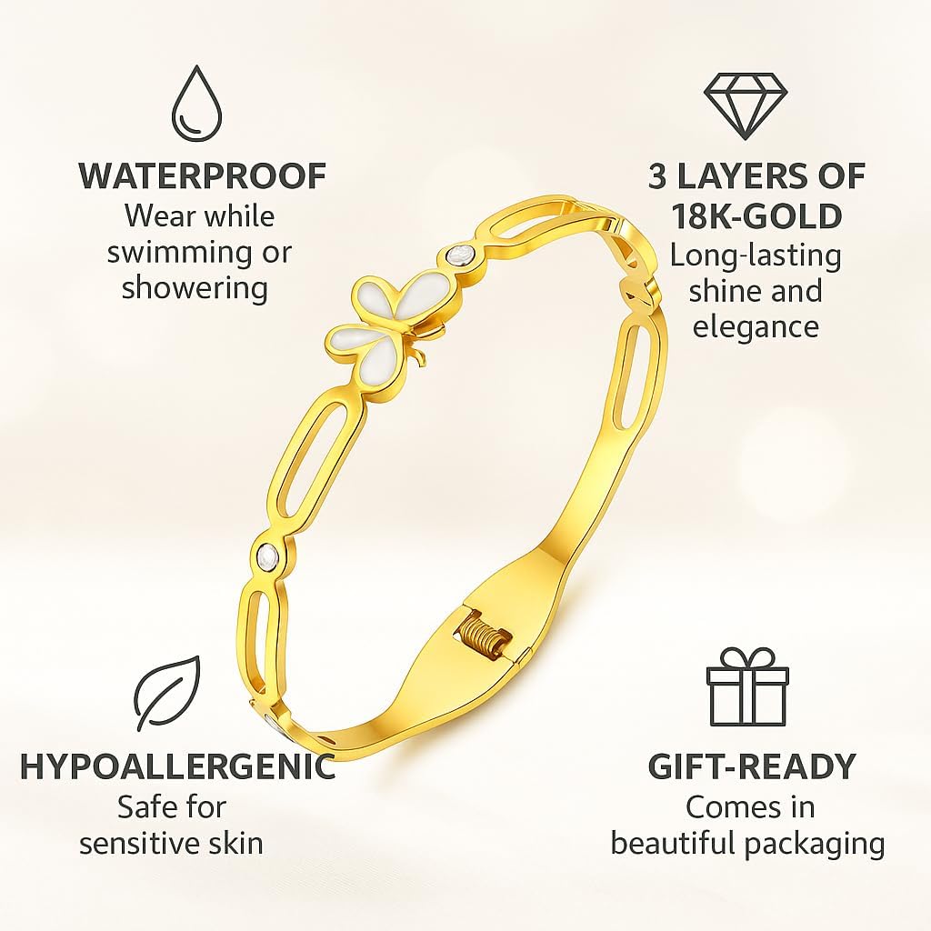Ora & Eve Butterfly Bangle Bracelet for Women – 18K Gold with White Enamel & Crystal Accents – Waterproof, Hypoallergenic, Dainty Jewelry Gift