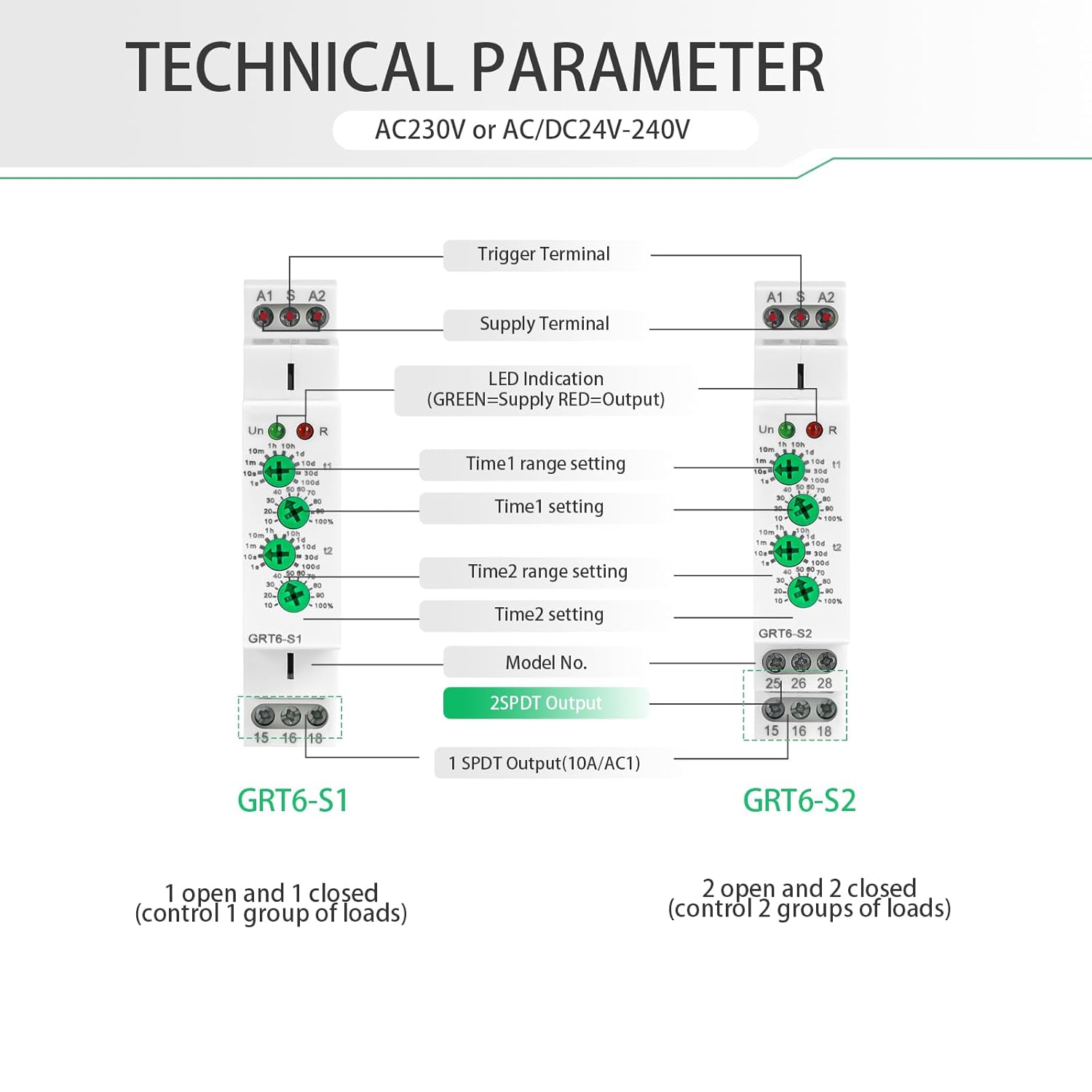 Asymmetric Cycle Timer Relay 1SPDT AC 230V 10A Long or Short Period Repeat Cycle Tntermittent Timer Electronic Relay in Din Rail (GRT6-S1 AC 230V)
