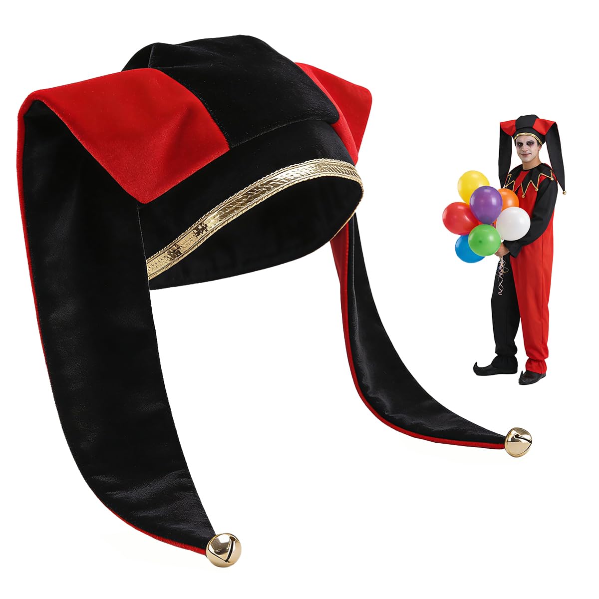 CAMDOM Jester Hat with Bells Black and Red Harlequin Fool Hat Medieval Carnival Costume Accessory with Gold Trim for Adults Halloween Masquerade Party