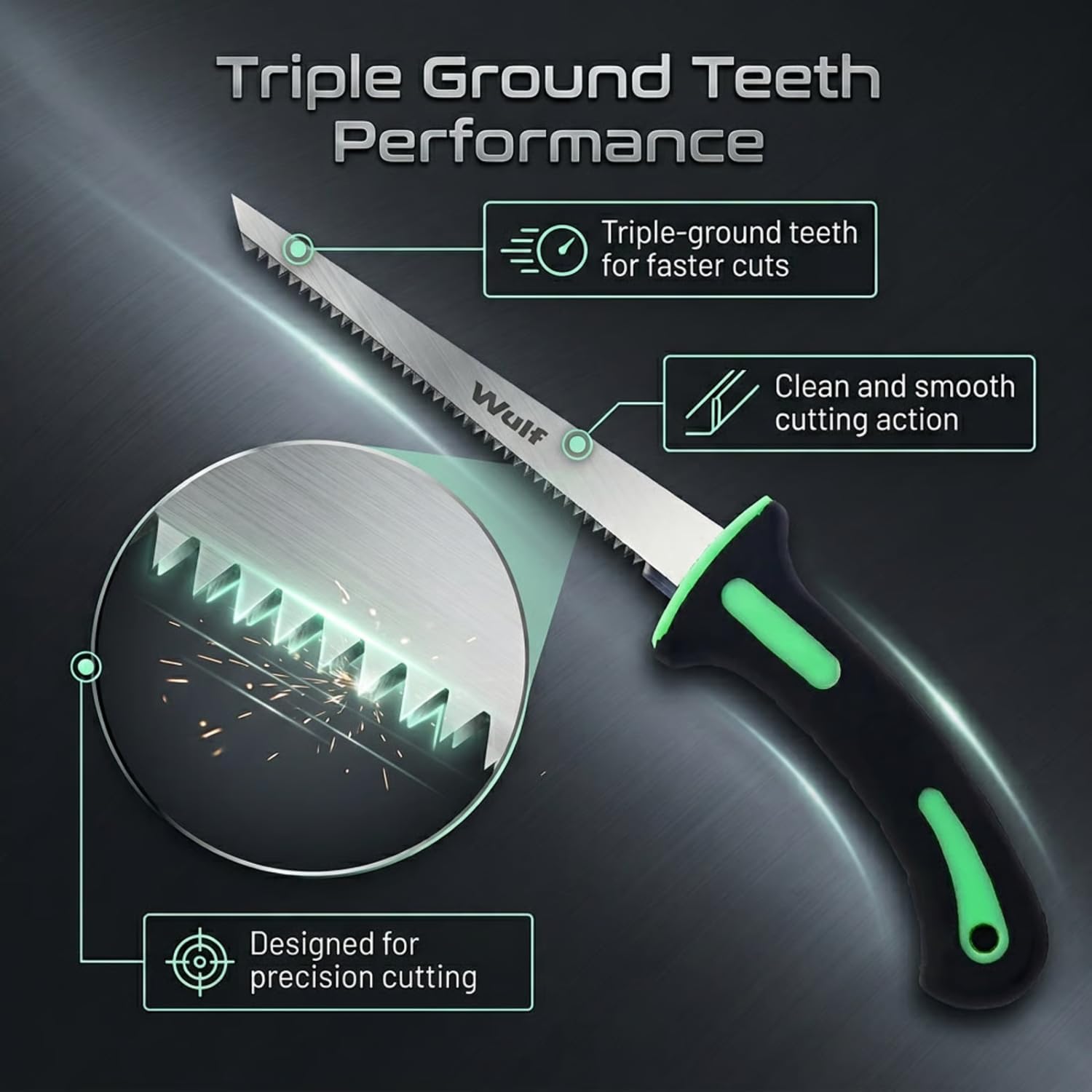 Wulf 6 Inch Jab Saw for Drywall, PVC & Wood | Hand Saw with Hardened Steel Blade | Soft Grip TPR Handle | Sharp Teeth for Fast Cutting | 12 Inch Overall Length (Black & Green) 2