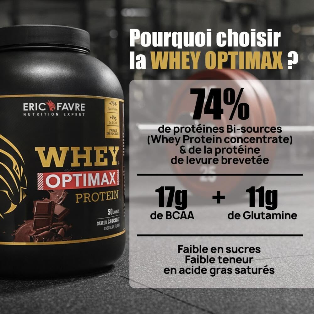 WHEY OPTIMAX PROTEIN +74% Protéines Bi-sources : WPC + Protéine Brevetée, 17g BCAA, 11g Glutamine, Peu Sucrée, Onctueuse - Idéal pour Prise de Masse Musculaire - 1,5kg - Saveur Vanille - Eric Favre