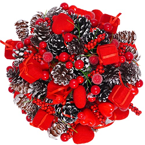 cnomg 110 Stück Valentinstag künstliche Tannenzapfen Tannenzapfen Set, künstliche Tannenzapfen rote Beeren herzförmige Ornamente Dekor Ornamente für Zuhause Vase Muttertag Tischdekorationen (110, rot) Cover