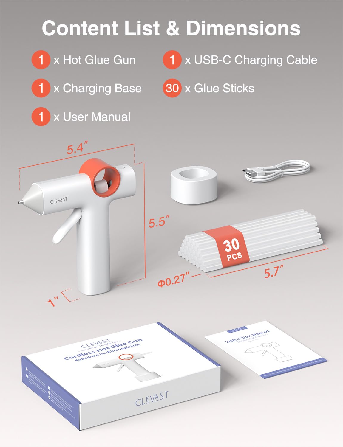 CLEVAST Pistolet À Colle Sans Fil, Mini Rechargeable 5000 Mah Avec 30 Bâtons, Chauffe 40 S, Anti-Goutte, Arrêt Auto, Kit Portable Pour Arts, Artisanat, DIY Et Réparations Domestiques