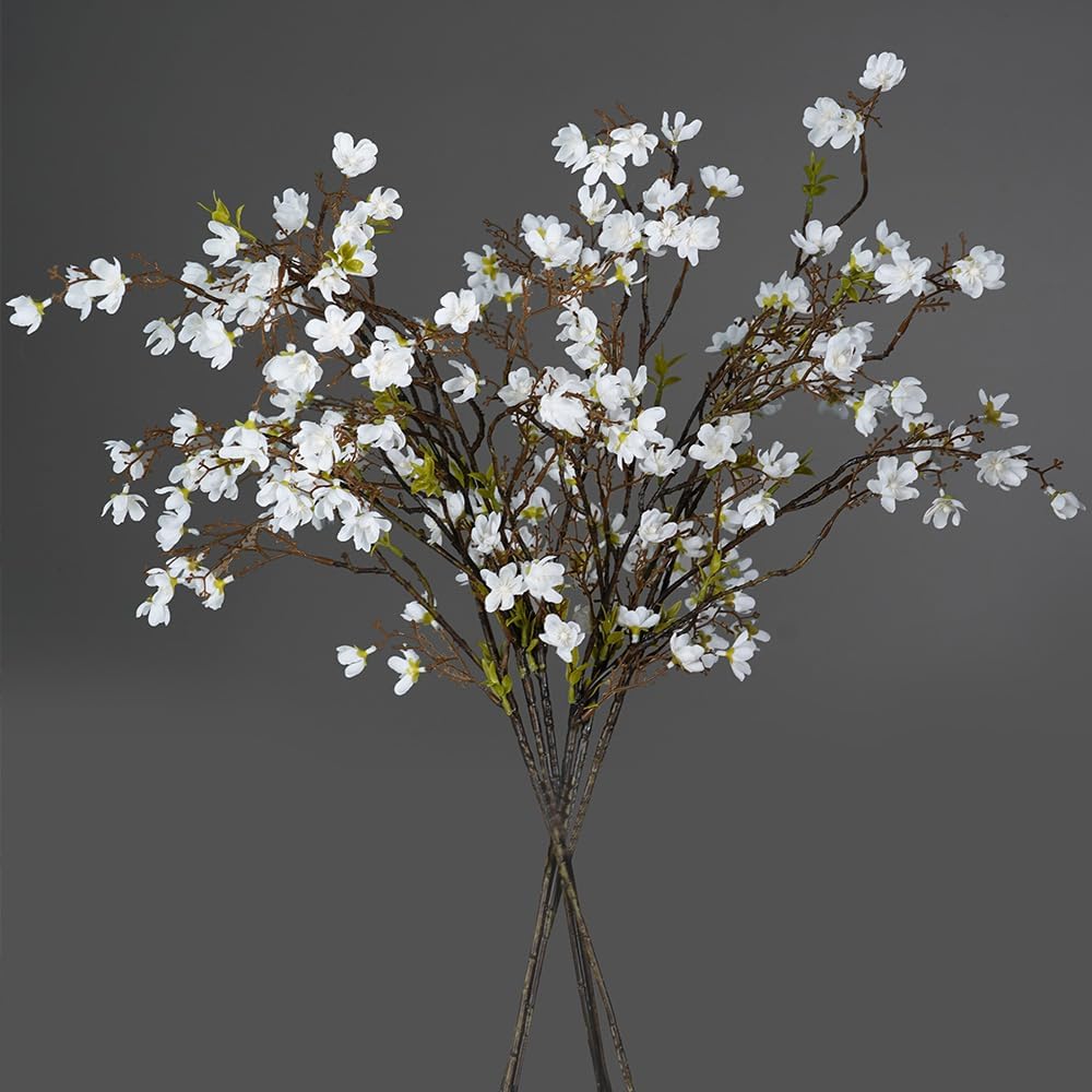 Melorca&Guilla 6PCS 35" Artificial Silk Cherry Blossom Branches, White Cherry Blossom, Natural Realistic Style, Artificial Plants for Home, Garden, Office Decor