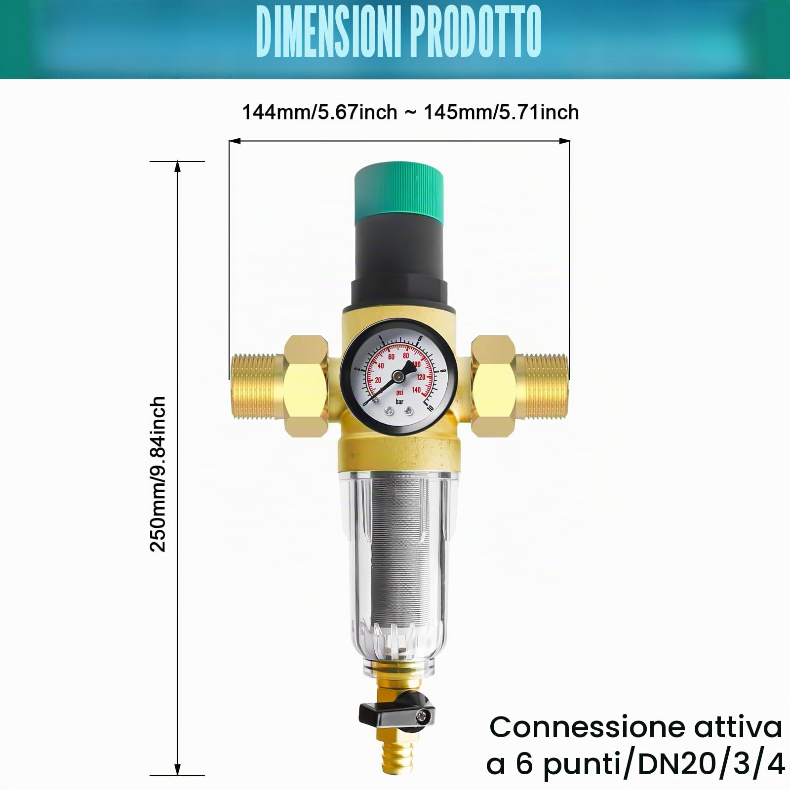 Riduttore di pressione acqua 3/4 pollici DN 20, filtro di risciacquo con riduttore di pressione e manometro, riduttore di pressione dell'acqua in ottone riutilizzabile, per la regolazione della