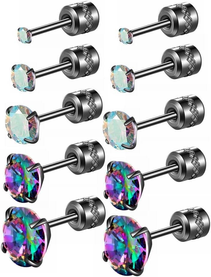 5 pairs Stainless Steel Round CZ Screw Back Earrings Hypoallergenic Flat Back Studs for Sensitive Ears, 20G Cartilage Piercing Ears Set Jewelry for Women Men 2-6mm