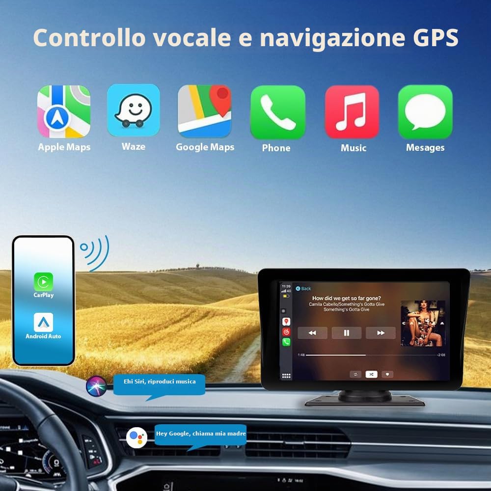 sunweyer Sunweyer Wireless Carplay & Android Auto Screen, Stereo Portatile Auto, 7 "IPS Touchsreen Display, Supporto 1080p Backup Camera & Bluetooth/AUX/FM Trasmettitore