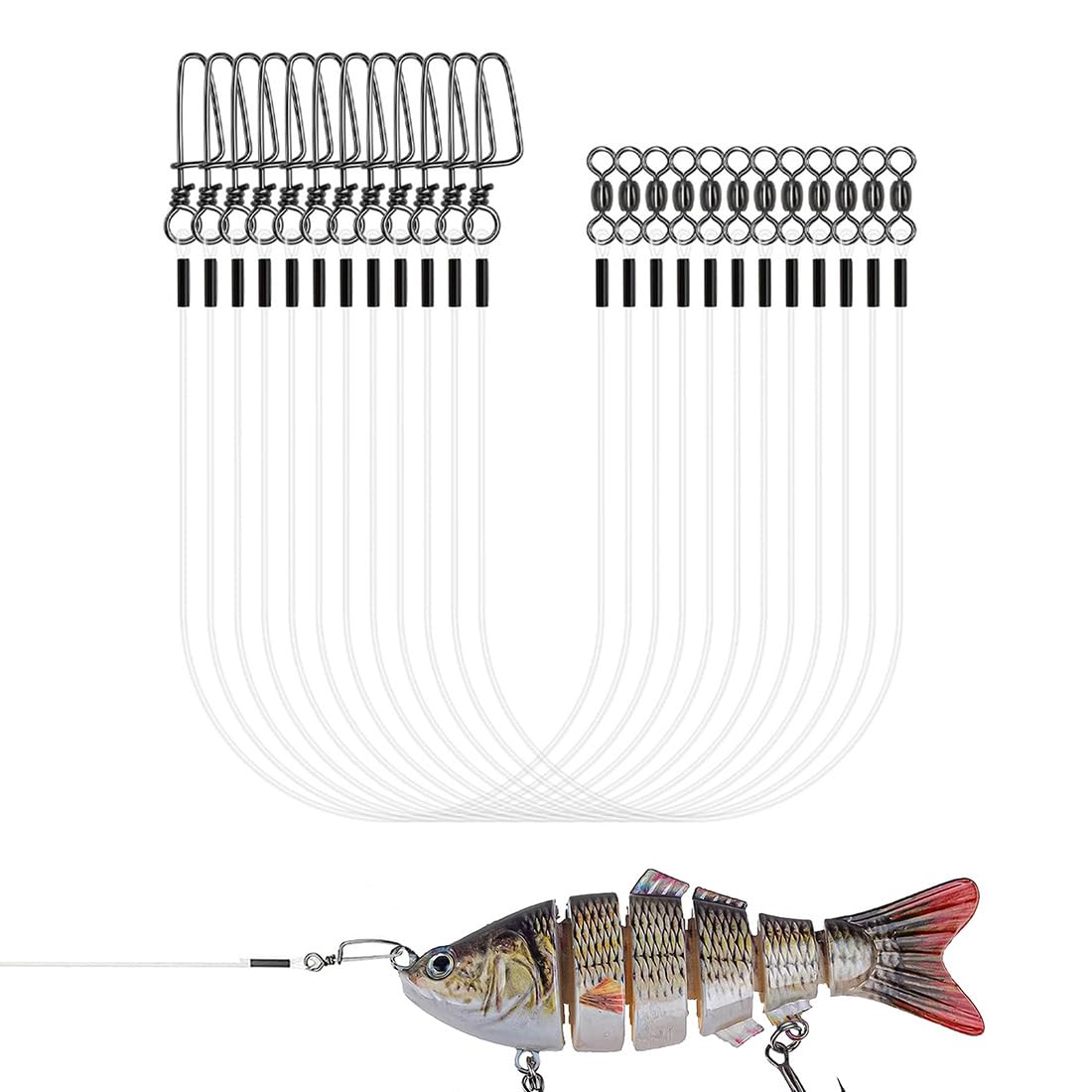 12 Piezas Líder de pesca de fluorocarbono, Línea de Líder de Fluorocarbono con Eslabón Giratorio Y Broche, Accesorios de Pesca, Línea de Líder para Pesca de Spinning