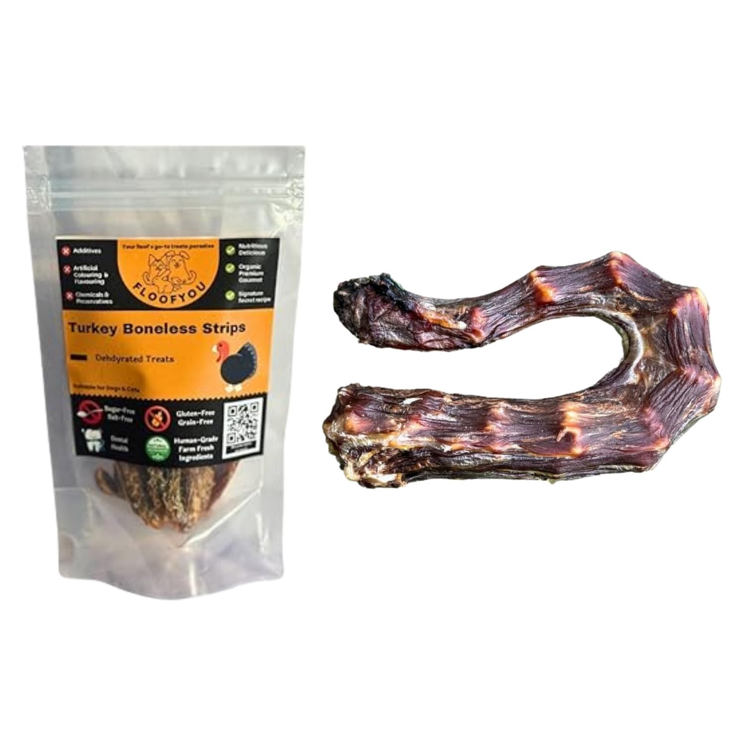 FloofYou Turkey Breast Jerky Strips Dehydrated Natural Healthy Dog Treat with Turkey Neck Chew Bone Dehydrated Natural Healthy Dog Treat & Snack Combo