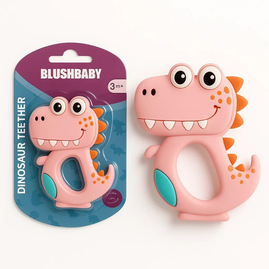 Blushbaby Silicone Baby Teether for Babies 6-12 Months | Teething Gums Manhattan Rattle Toy with Loop Rings | 100% Food-Grade Silicone & BPA-Free | Dinosaur Teether for Infants & Toddlers (Pink)-image-42