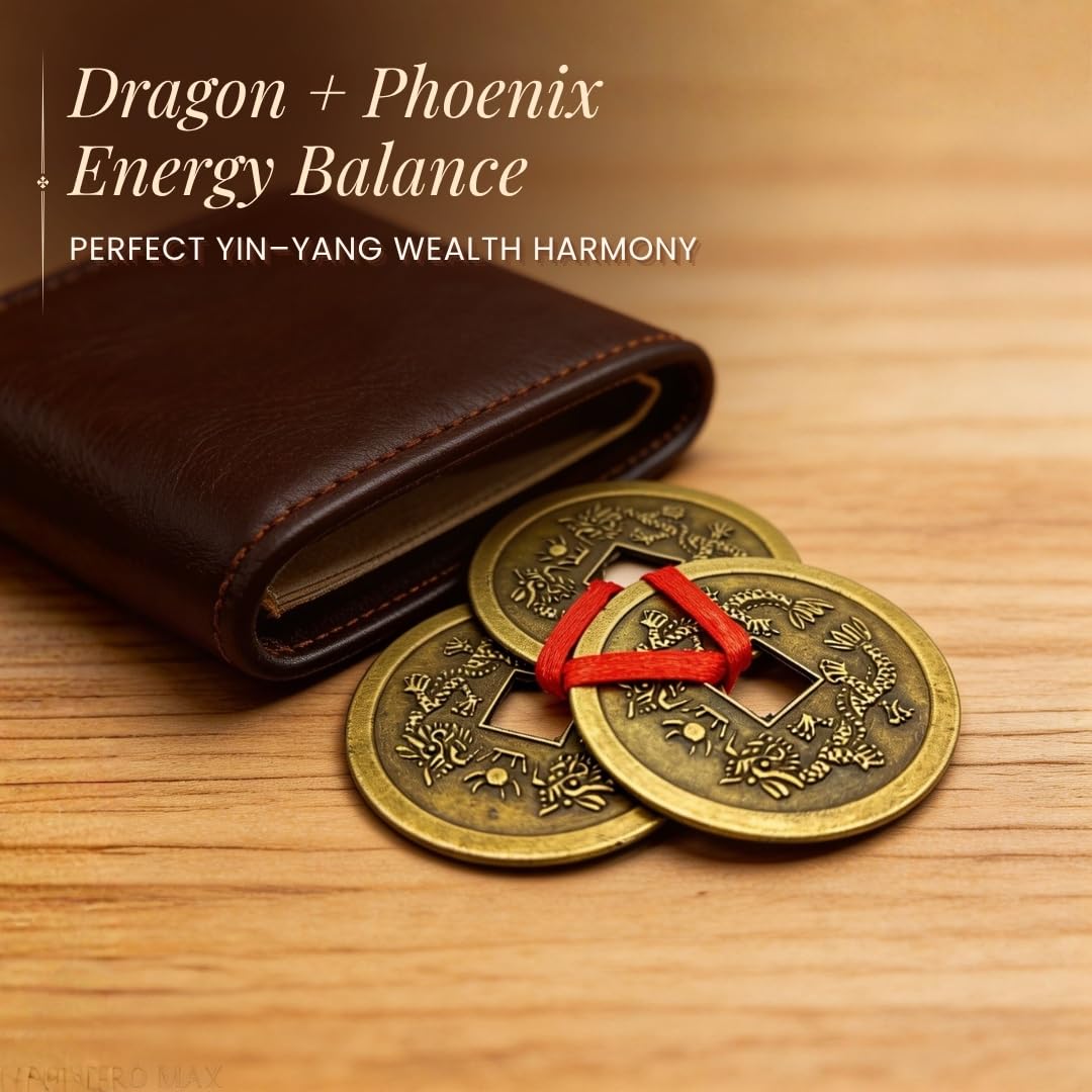 Plus Value Feng Shui Vastu Remedies Dragon Phoenix 3 Chinese Coins Set Brass Wealth, Prosperity, Money, Good Luck (Big Size) 1