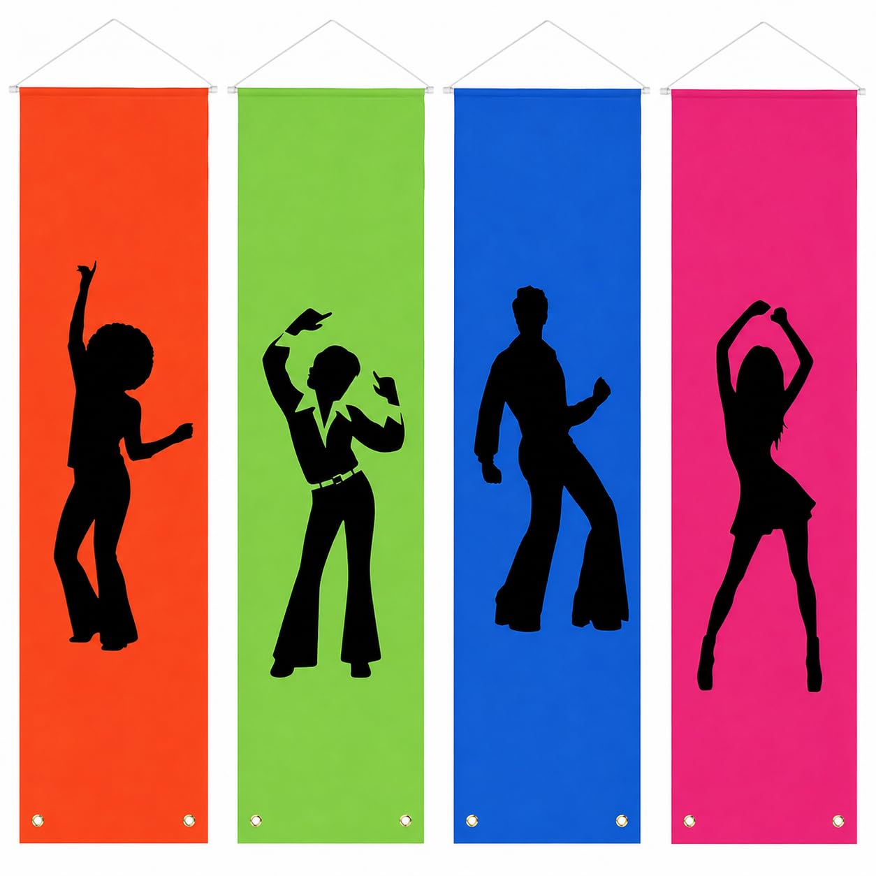 70s Disco Party Hanging Banners, Neon Retro 1970s Wall Signs, 4 Pcs Decoration Kit for Boogie Hippie Music Birthday Party