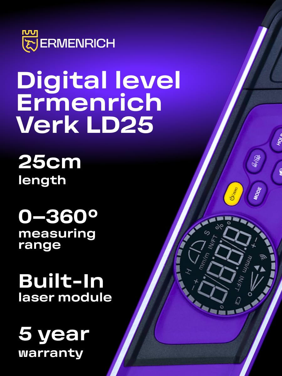 Verk LD25 Cyfrowy Kątomierz Poziomica Laserowa Magnetyczna | Zakres 0–360°, Czujnik Nachylenia z 2 Liniami Lasera, LCD, IP54 Wodoodporny, 2 Baterie, Drewno, Budowa