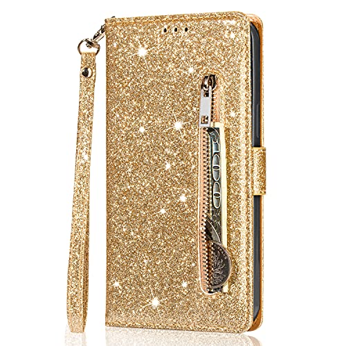 Cover per Samsung Galaxy A54 5G Phone Case Custodia Bling Glitter Pelle PU Libro Portafoglio con Tasca Zip Slot per Carte Supporto Chiusura Magnetica Protezione Wallet Case per Samsung A54 5G,Oro