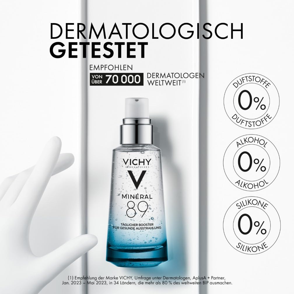 Vichy Minéral 89 Feuchtigkeitsspendender und aufpolsternder täglicher Booster: Hyaluronserum mit Polyglutaminsäure für intensive Feuchtigkeit, 30 ml
