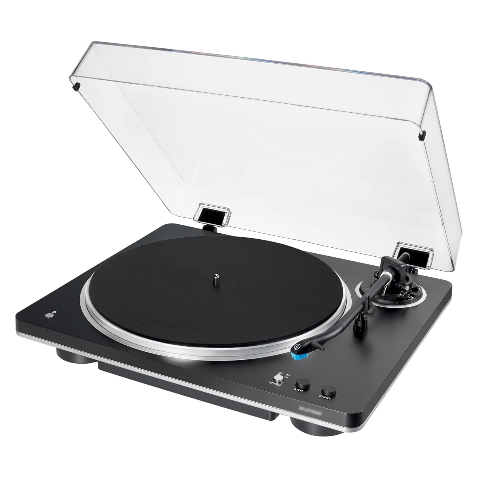 Automatyczny gramofon, retro gramofon z ramieniem typu J i pokrywą przeciwkurzową, obsługuje 33⅓ obr./min i 45 obr./min, wbudowany przedwzmacniacz gramofonowy, idealny do słuchania muzyki