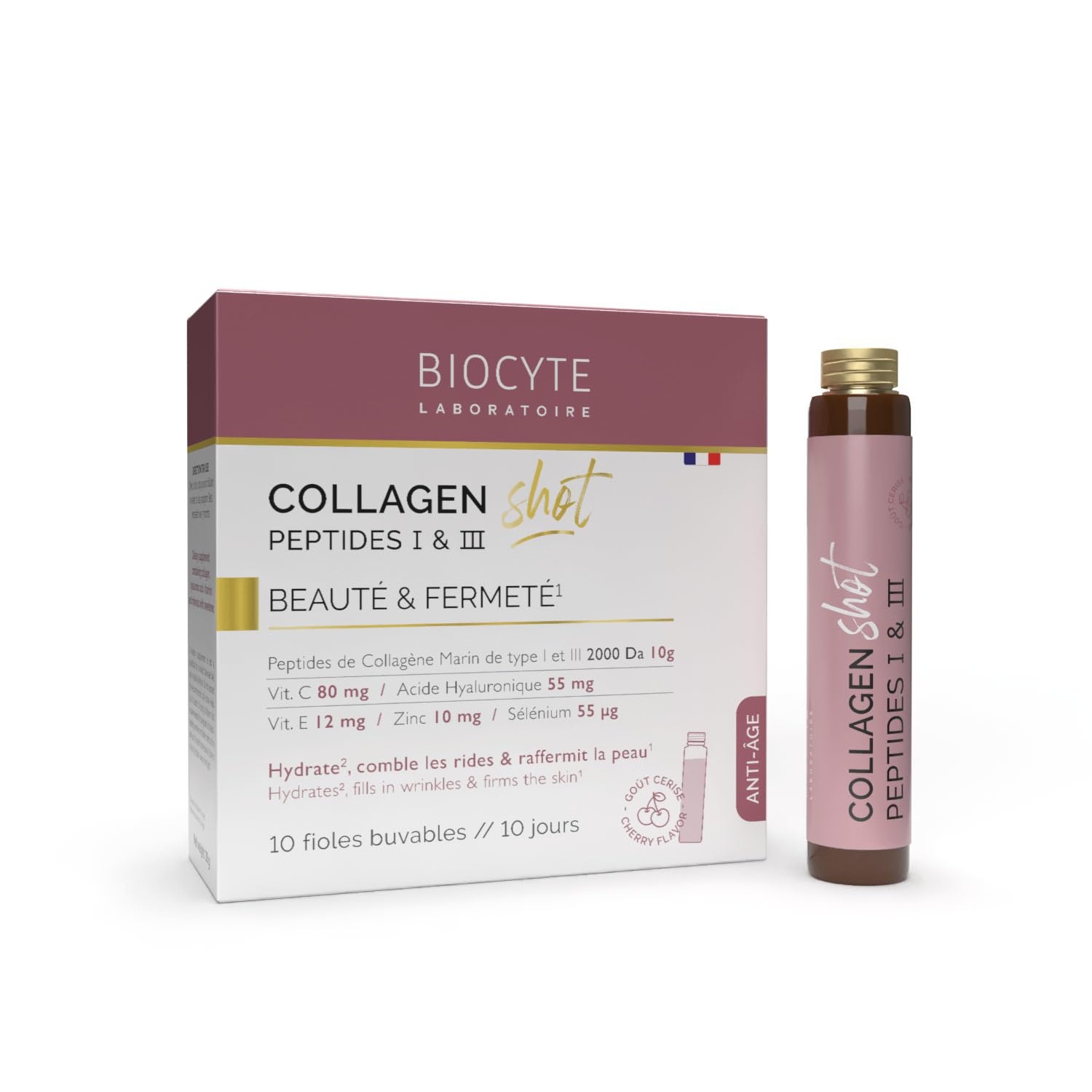 BIOCYTE Collagen Shot – Hidrata, rellena las arrugas, tonifica la piel – Complemento alimenticio de colágeno marino, ácido hialurónico, vitamina C y E, zinc – 1 vial al día – Programa 10 días