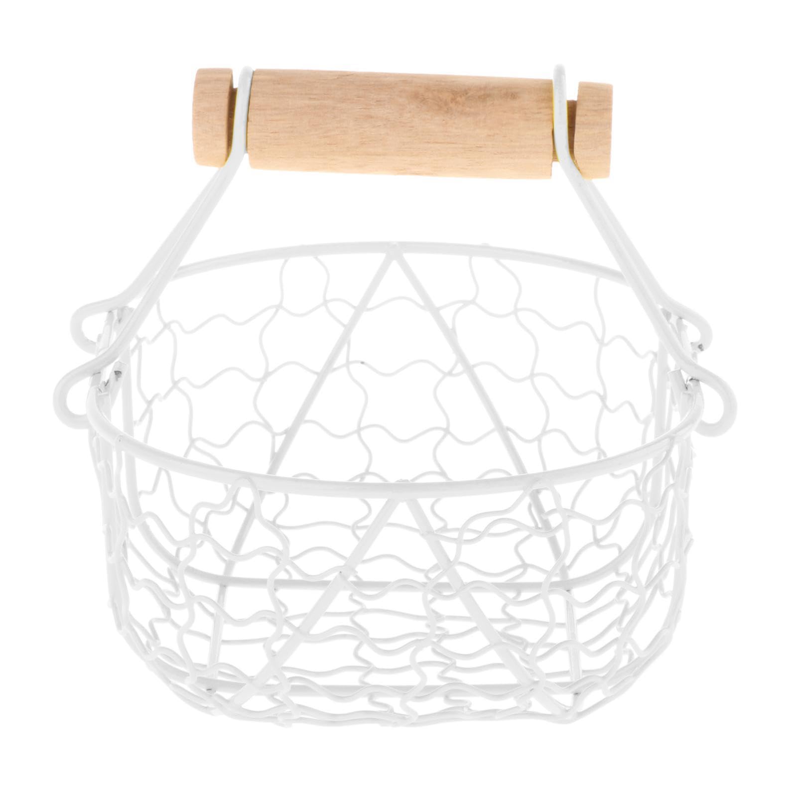 QIXCXAZ Decorative Fruit Basket Durable Iron Mesh Rustic Vegetables Storage Holder Wooden Handle Any Event Tea Iron Mesh Rustic Vegetables Storage Basket, White, 18x12x12.5cm