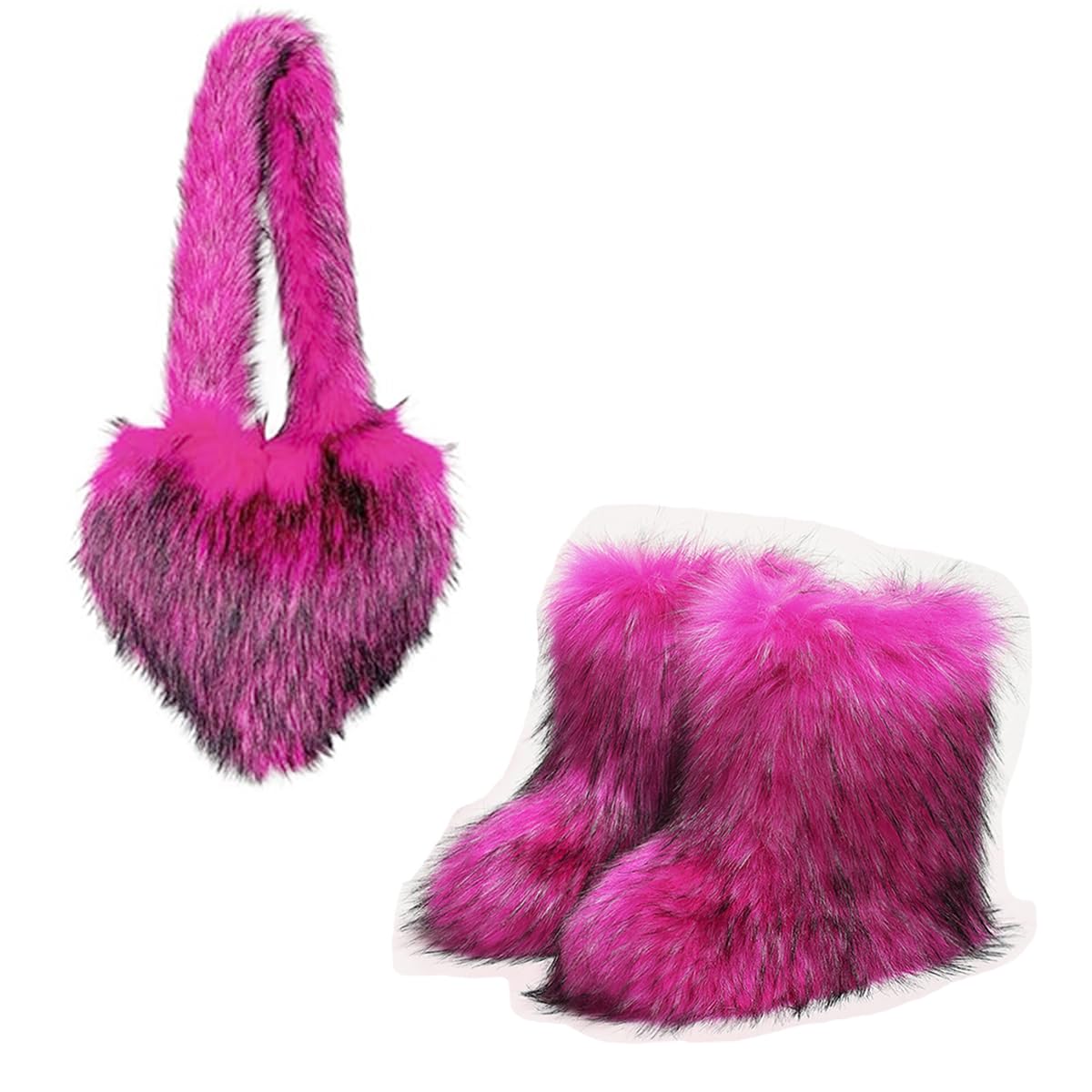 yamerbo Women's Heart Shaped Furry Shoulder Tote Bag Winter Faux Fur Mid-Calf Snow Boots set Y2K Girl Handbag Warm Snow Boots
