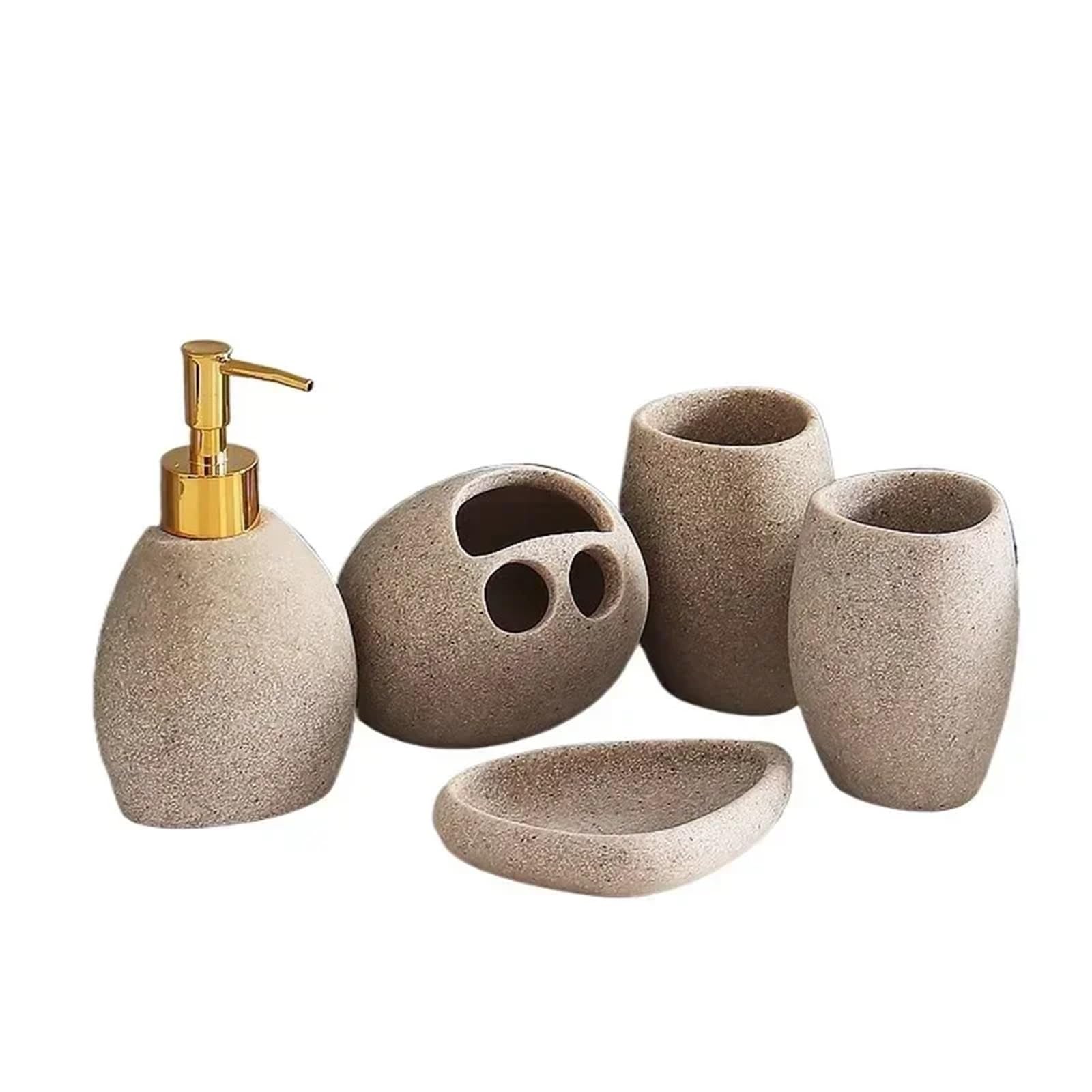 Dispensador de Jabon Set de artículos baño, Resina marrón, dispensador jabón, Soporte for Cepillo Dientes, Botella champú, Caja, Pasta