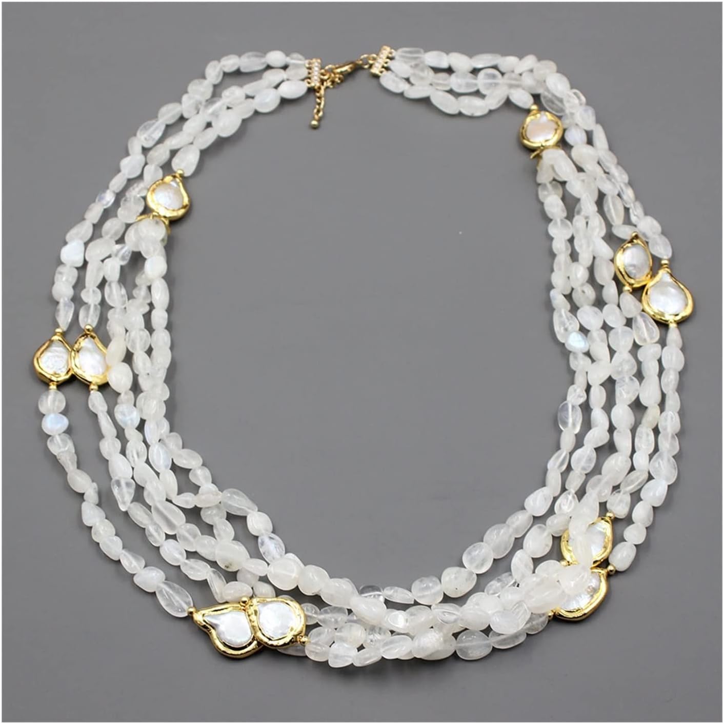 LAnGSHAW Natural 5 Strands Freedom Moonstone Cultured Teardrop White Coin Pearl Necklace Handmade for Women