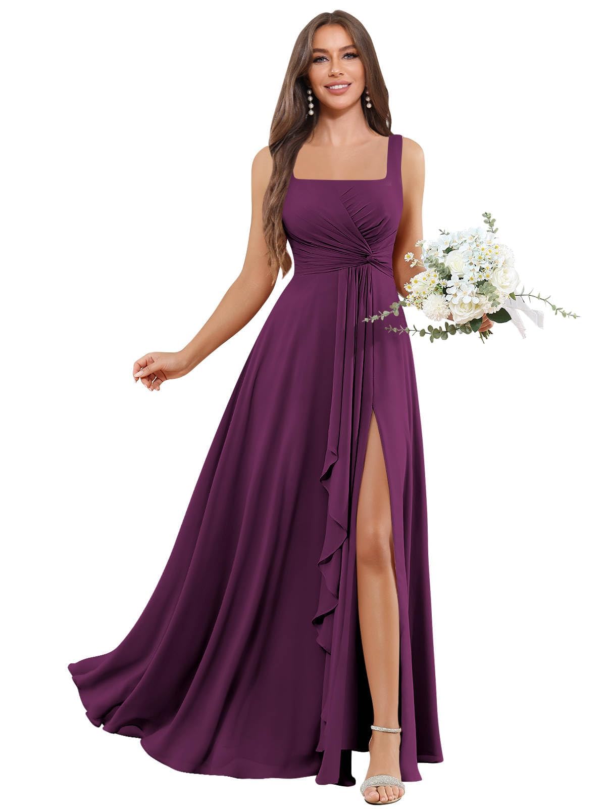 Damen Chiffon Brautjungfernkleider Lang - Quadratischer Ausschnitt Abendkleider Für Hochzeit A Line Plissiert Festlich Elegant Maxi Kleid Mit Taschen