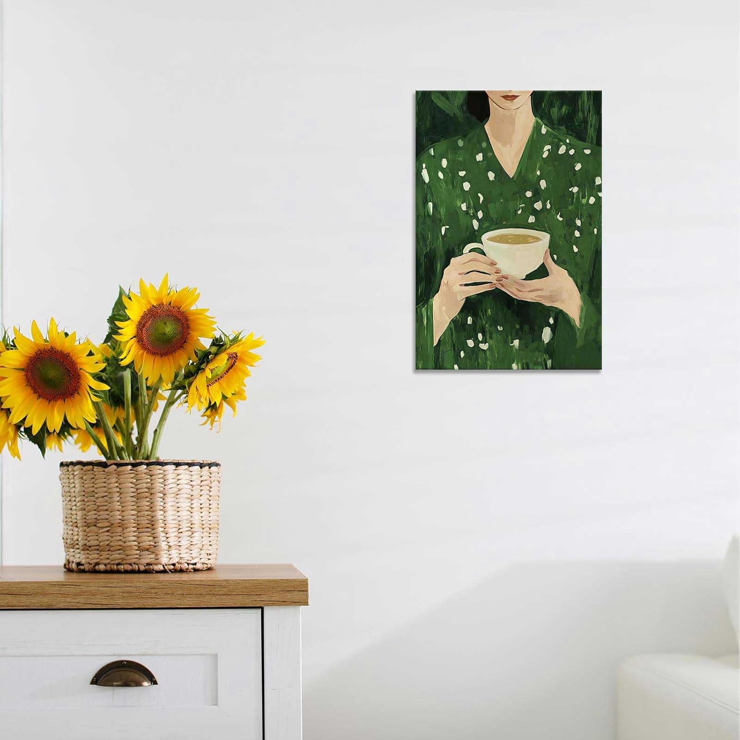 Green Abstract Woman Drinking Coffee Poster Simple Feminine Artwork Aesthetic Wall Home Decor For Living Room Bathroom Bedroom Wall Art Decor 16x24in Framed