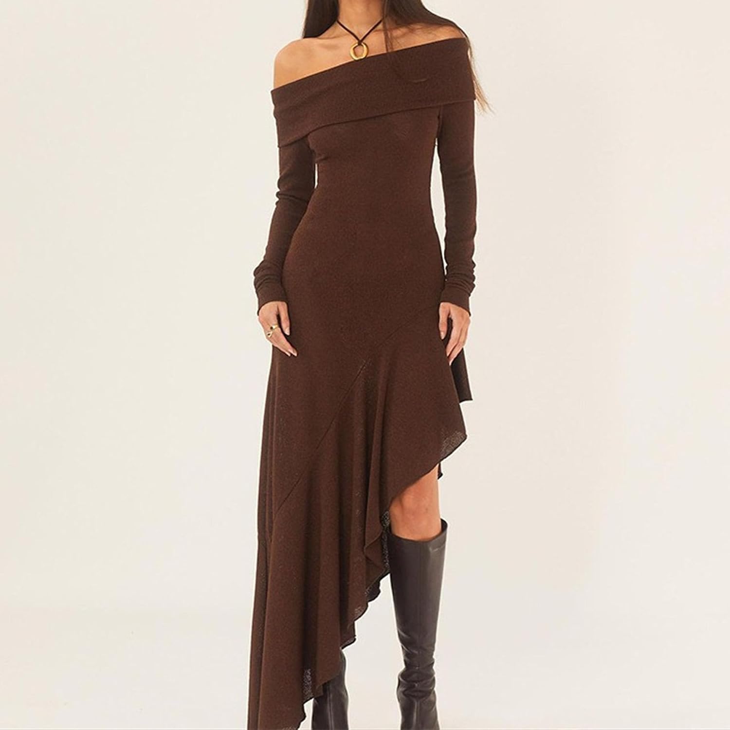 Women's Boho Sexy Off Shoulder Long Sleeve Dress Smocked High Waist Side Split Flowy Dress A Line Tiered Long Maxi Dress