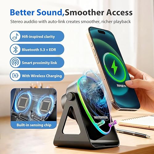 Miniatura 3 de Altavoz Bluetooth de inducción inalámbrico 5 en 1 con soporte ajustable para teléfono, nuevo altavoz de inducción recargable 2026 con luz colorida