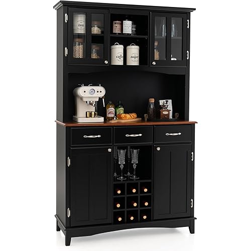 Giantex Buffet Hutch Cabinet, Kitchen Hutch Sideboard, Buffet Cabinet on Storage Island, Wood Kitchenware Server with 3 Large Drawers and 9 Wine Bottle Modules (Black)