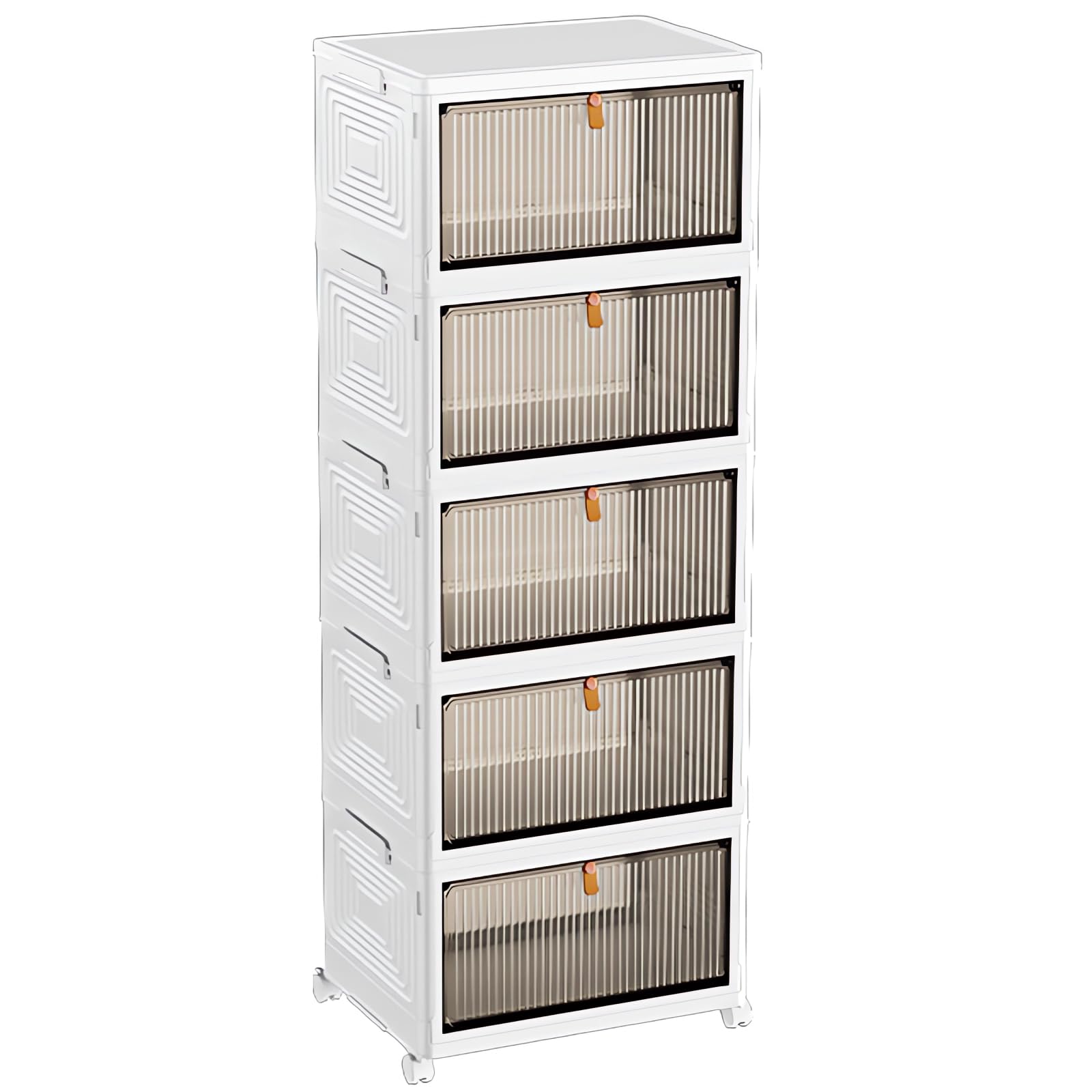 5-Tier Foldable Shoe Box Storage Container, Large Stackable Plastic Storage Bins with 4 Wheels, Drawers Cabinet Cart, 43.5x31.5x22cm each tier