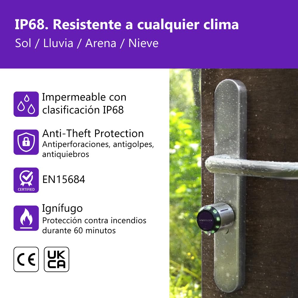 Cilindro europeo inteligente WAFERLOCK C760, IP68 resistente al agua, protección contra incendios, app Bluetooth, RFID/PIN, anti-taladro, 30/30–45 mm (60–75 mm), acabado níquel, certificado EN15684
