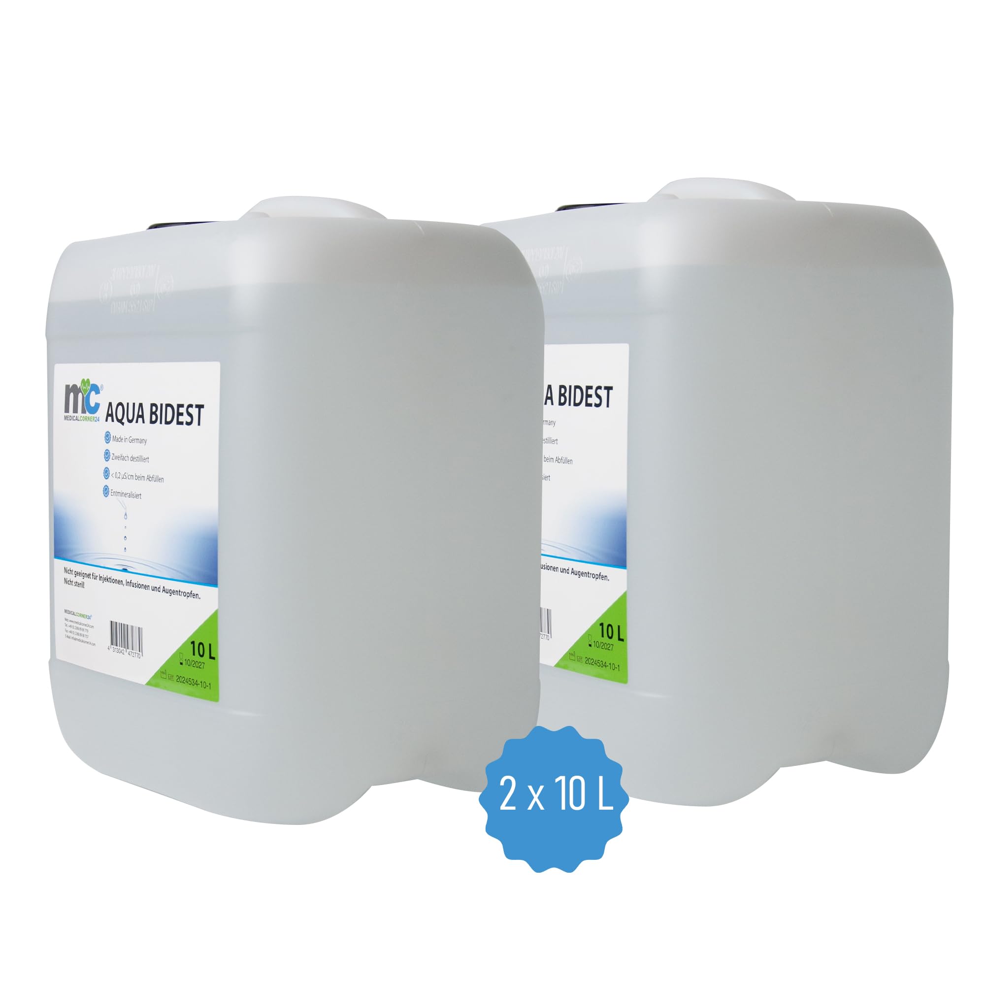 Aqua Bidest - 2 botes de 10 litros, agua pura de laboratorio, 20 L, agua bidestilada, agua destilada 2 veces