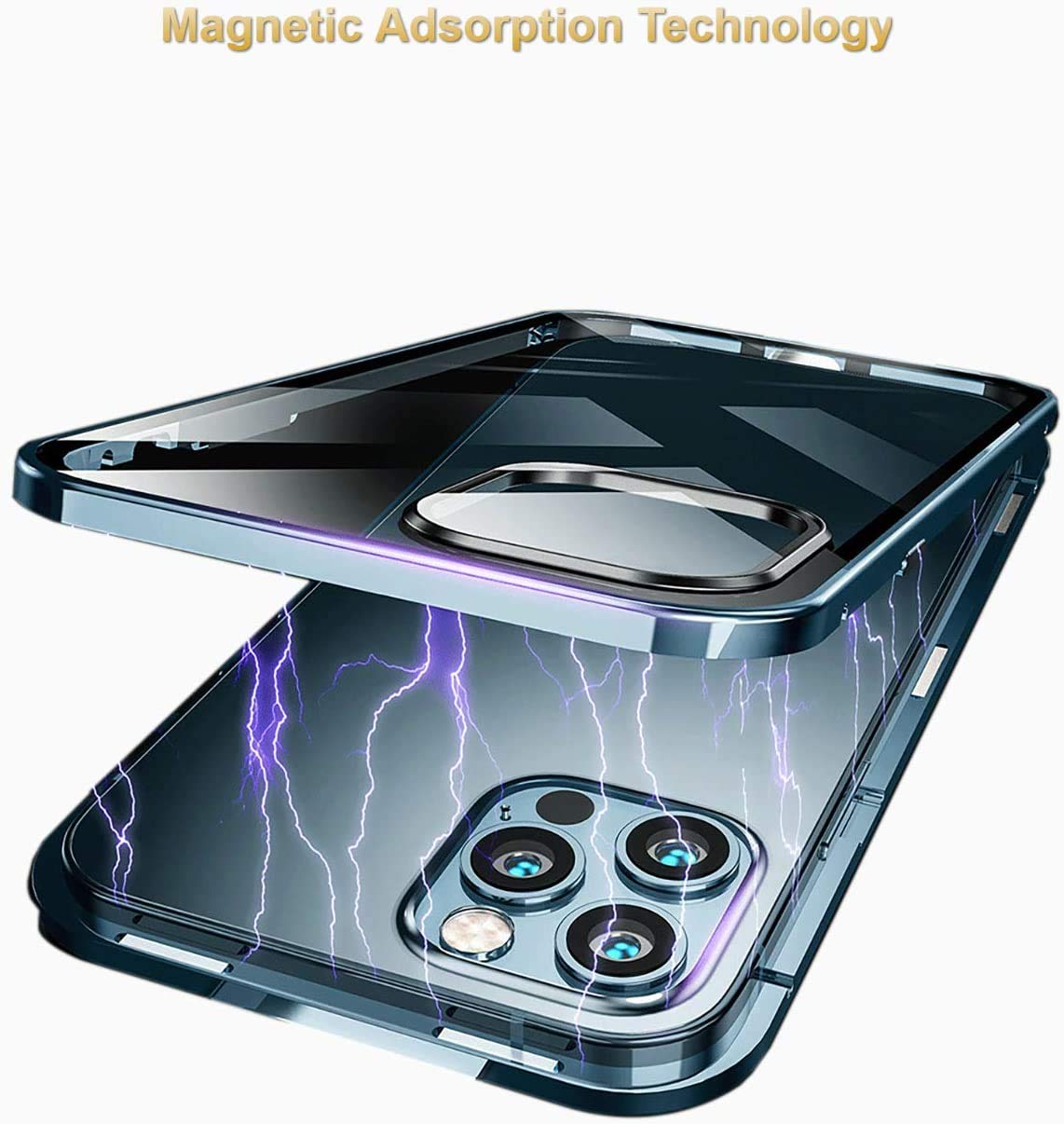 Custodia Compatibile con iPhone 11 Pro Max Cover Magnetica Adsorbimento 360 Gradi Protezione Caso Bumper in Metallo Cassa Schermo Intero Prima e Dopo Trasparente Vetro Temperato Copertura Case,Blu