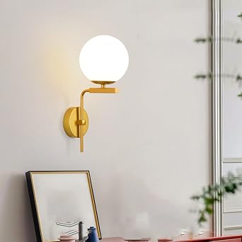 Mid Century Modern Sconce Metal Wall Sconce Globe Glass Shade Glass Ball Wall Lamp E27 Wall Light Forbedroom Living Room,Gold 1