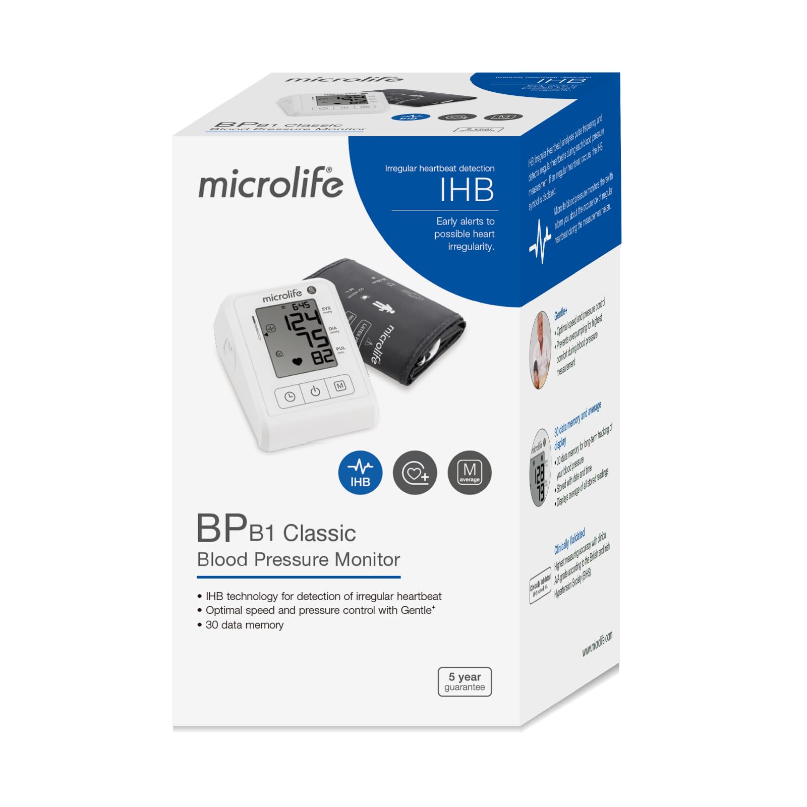 Microlife BP B1 Classic Tensiomètre, Garantie 5 ans, Précision Professionnelle, Arythmie, Validé Cliniquement, Idéal Suivi à Domicile, Confortable, Echelle OMS, Bras 22-42cm, 30 Mémoires