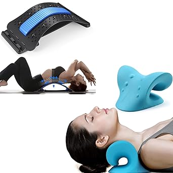 Zhuqua Combo Neck Relaxer & Back Stretcher for Cervical Pain Pillow for Cervical Traction Back Pain Relief & Posture Correction Neck, Back and Shoulder Relaxation (Blue)