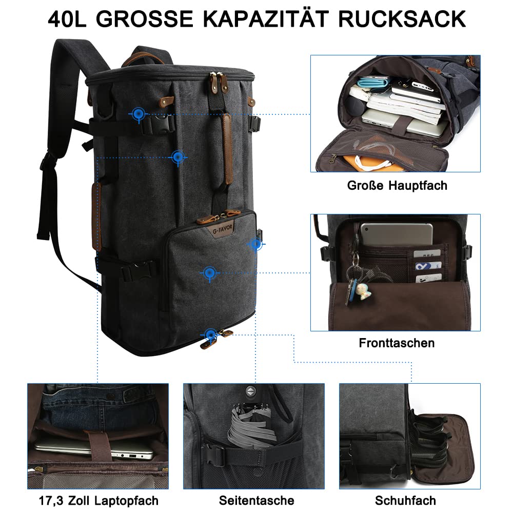 G-FAVOR Rucksack Herren groß, 40L Reiserucksack Handgepäck Rucksack Canvas Travel Backpack für 15,6-17 Zoll Laptop, Flug Genehmigt für Reise Arbeit Freizeit Reisetasche