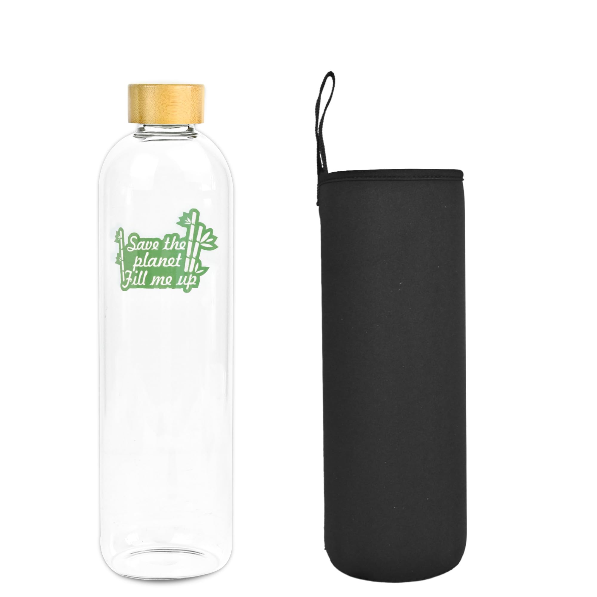 Botella de agua de cristal para oficina con funda protectora negra