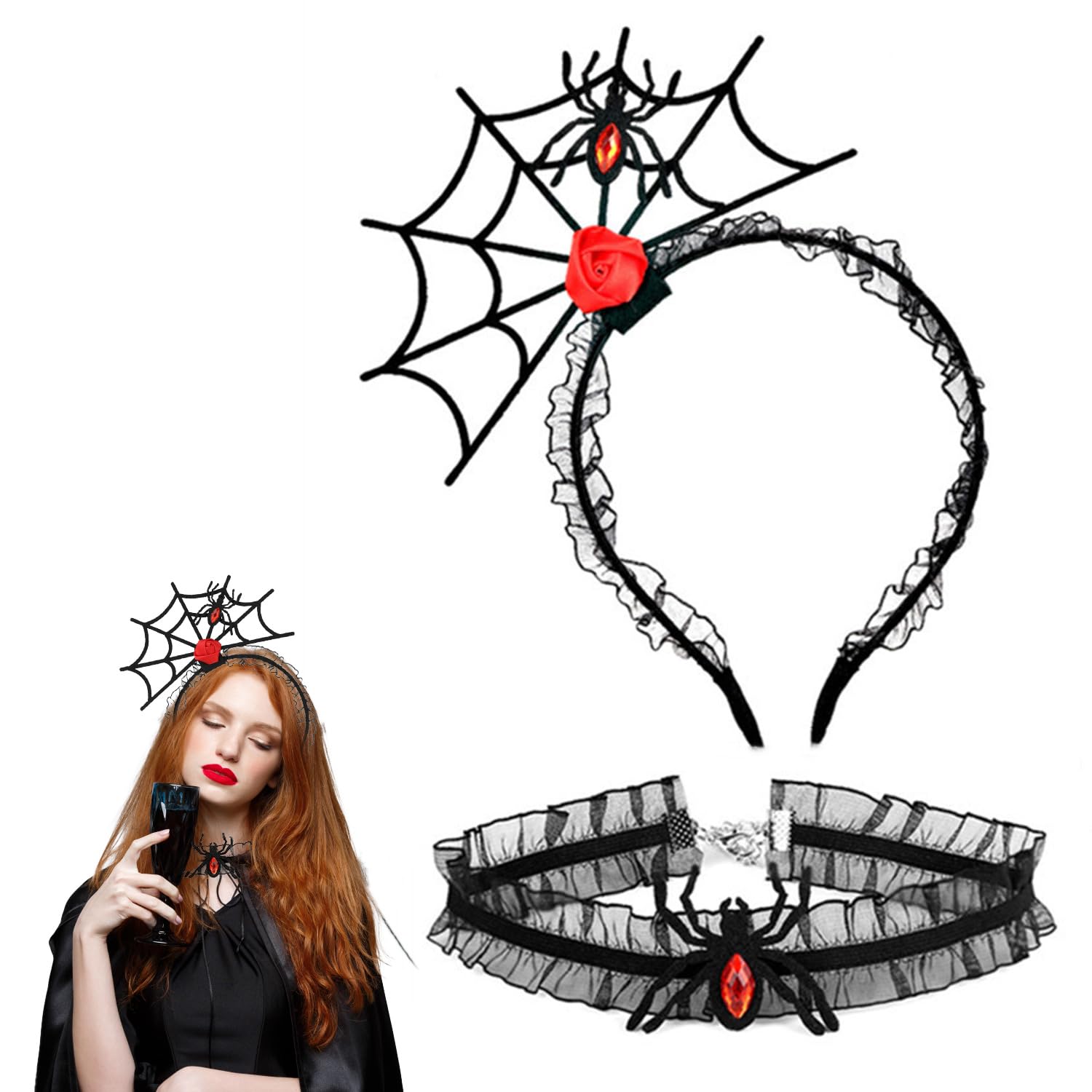 Roontin Spooky Halloween Headband Set Women's Spiderweb Hair Accessories Style B for sale