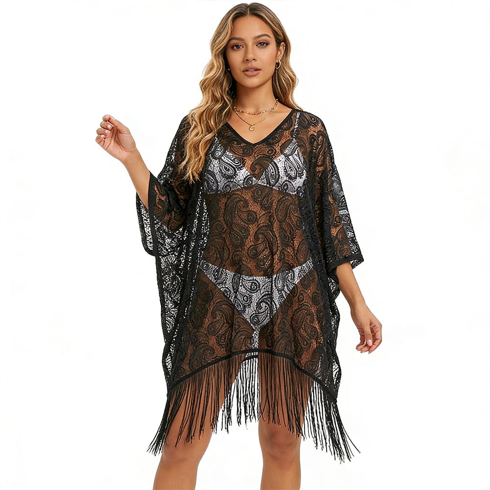 SANNIDHI Beach Bikini Cover Up for Women Sheer Dress Tassel Fringe - Black