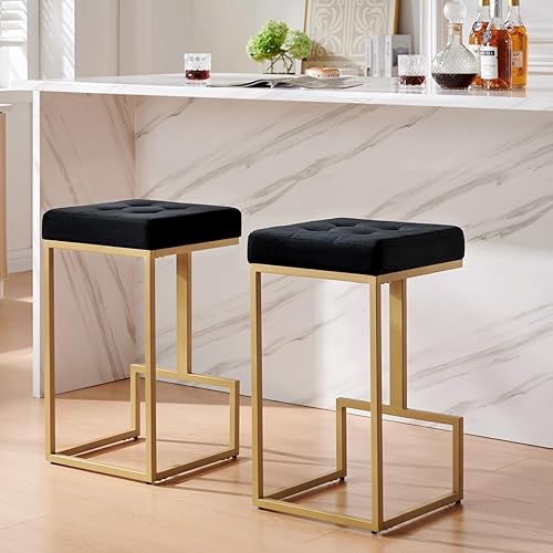 Vista 9 de 24KF Juego de 2 taburetes de bar contemporáneos de altura de mostrador para isla de cocina, taburete de bar acolchado de terciopelo dorado de 26