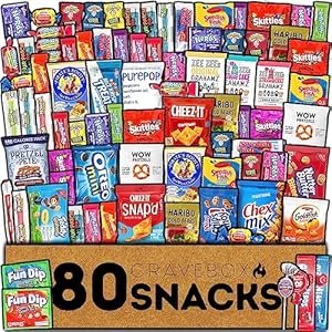 CRAVEBOX Snack and Candy Box (80 Count) Variety Pack Bundle Assortment Gift Basket Adults Kids Care Package Boyfriend Birthday Office College Gourmet Teen Boys Men Bouquets Students Food Spring Final Exams