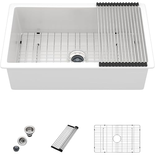 32x19 Fireclay Large Kitchen Sink-Ceramic 32 Inch Undermount and Drop In Single Bowl White Kitchen Sinks Dual Installtion Deep Bowl Gold Accessories Noise Reduction