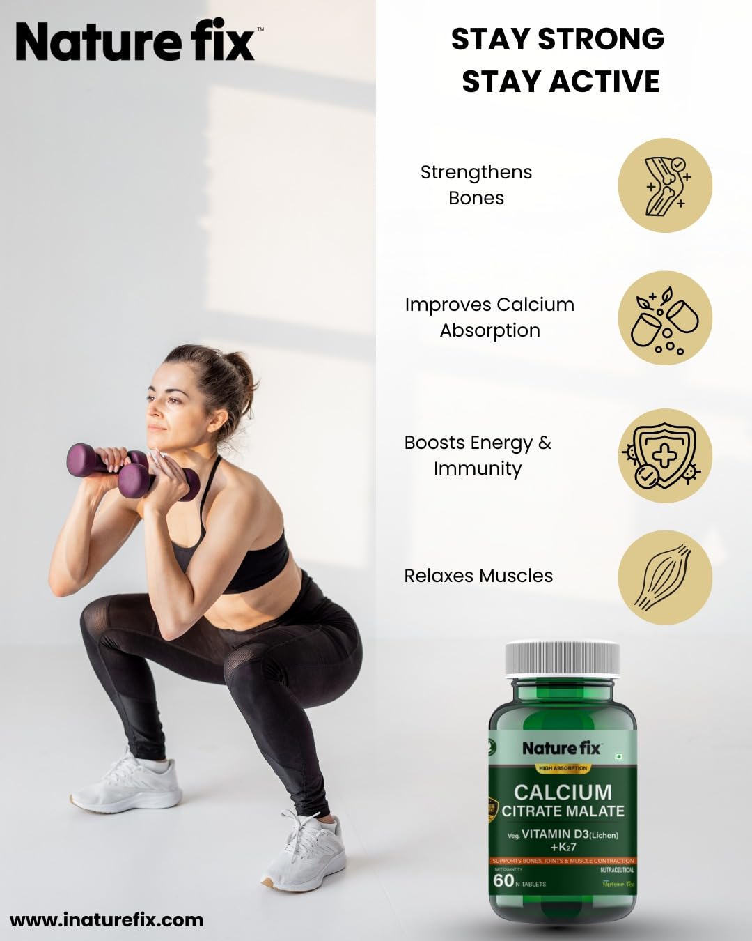 Nature Fix Calcium Citrate Malate with Veg. Vitamin D3 (Lichen) + K27 – Supports Bones, Joints & Muscle Contraction – 60 Tablets 2