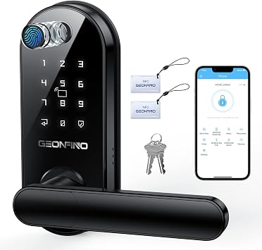 Smart Door Lock, Black Keyless Door Lock with Handle | Anti-Peeping, Auto-Lock, APP Control, Fingerprint, Easy to Install, Black