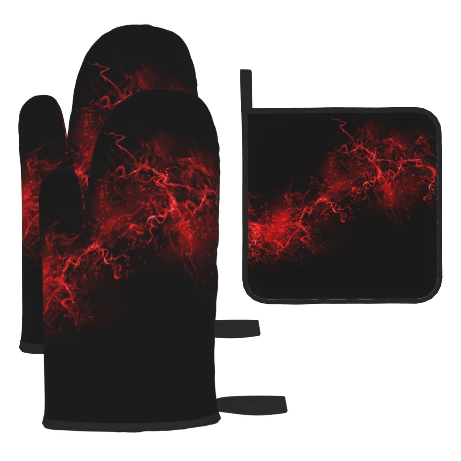 Explosion Burst Red Black Printed Kitchen Baking Three-Piece Heat-Resistant Thick Cotton Oven Gloves for Cooking and Baking.
