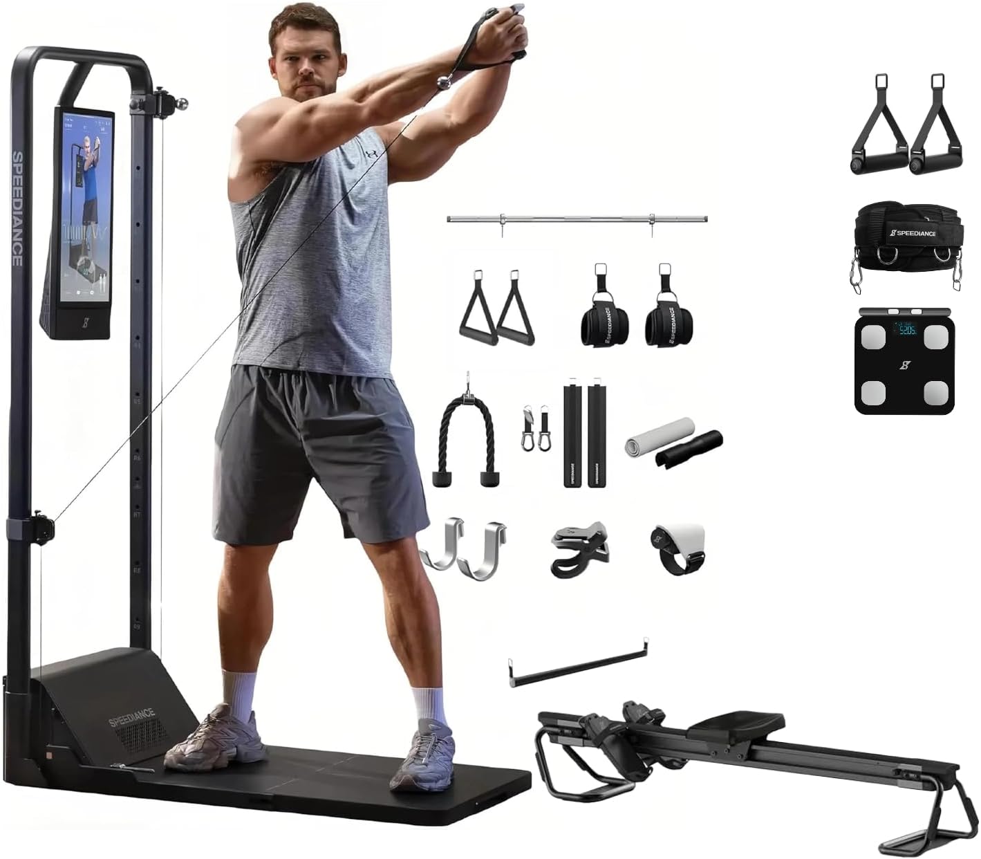 Speediance Gym Monster 2 & AeroRow Rowing Bench & PowerGrip Smart Handles & Weight Lifting Belt & Smart Body Fat Scale Bundle