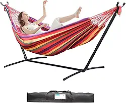 ILID Suporte de Descanso com Rede Portátil - Rede Casal para Jardim e Praia, 6 Níveis Ajustáveis, Tecido 300kg à Prova de Rasgos, Inclui Bolsa e Cordas Reforçadas (Vermelha)